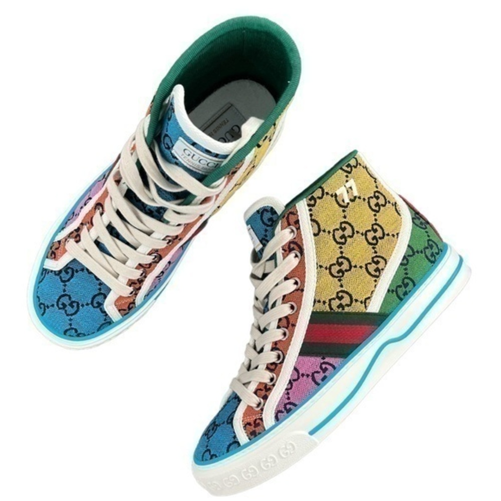 GUCCI Tennis 1977 Multi Color GG Canvas High Tops Size 36.5 NIB